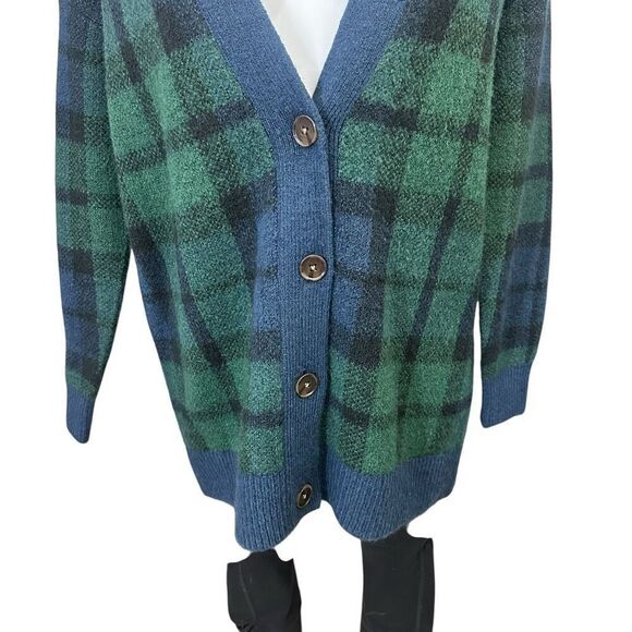 LOFT Green Blue Black Plaid Boyfriend Cardigan Oversized Sz XS Academia - Picture 3 of 9